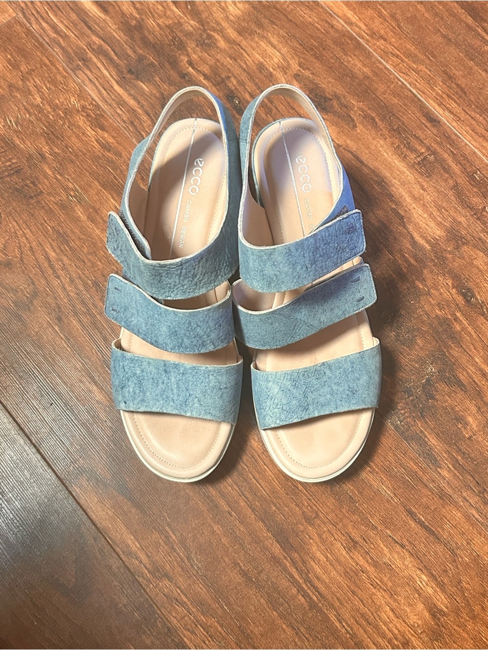 $160 Ecco Shape Wedge Plateau Platform Sandals Indigo Leather Shoes sz 6 vgu